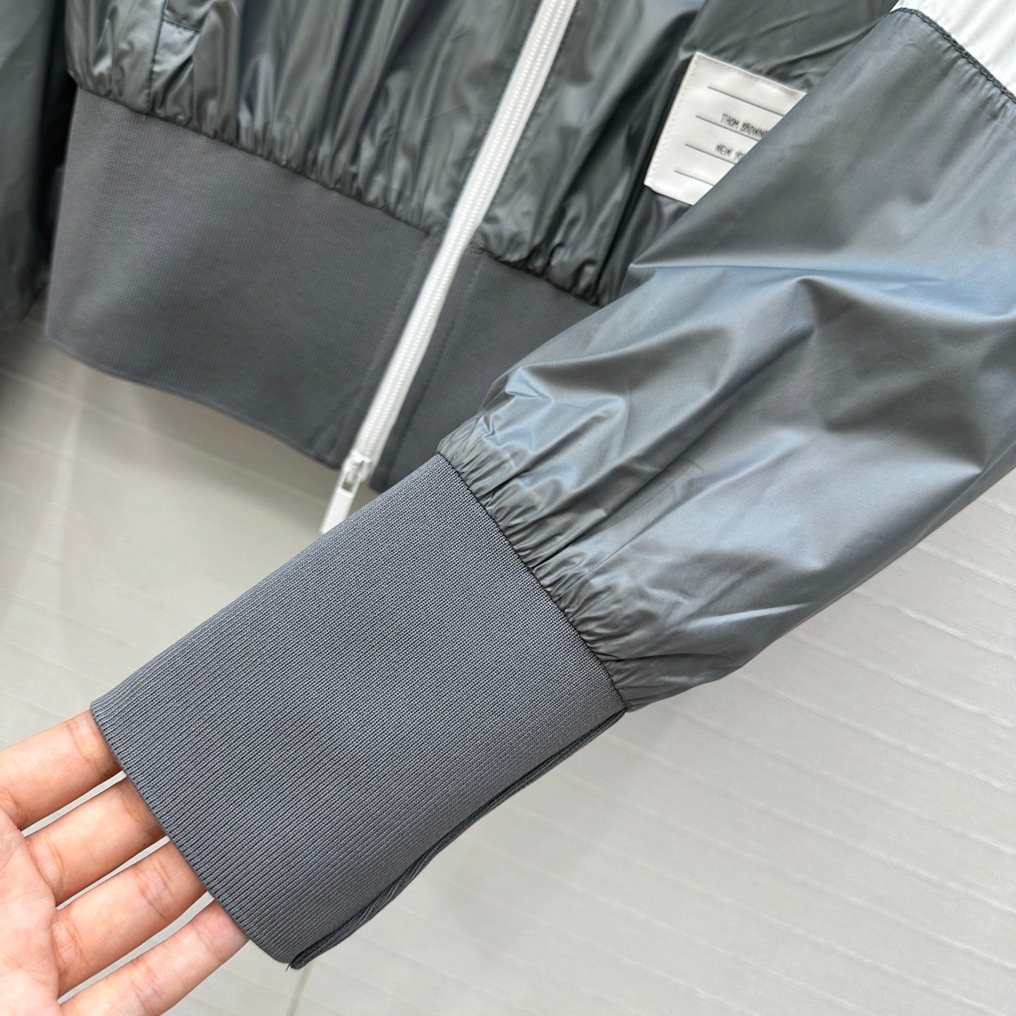 THOM BROWNE STAND COLLAR ZIP-UP JACKET IN GREY