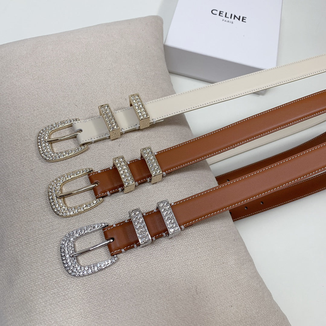 CELINE CL 25 MM MARCO BELT WITH STRASS IN WHTE CALFSKIN GOLD HARDWARE