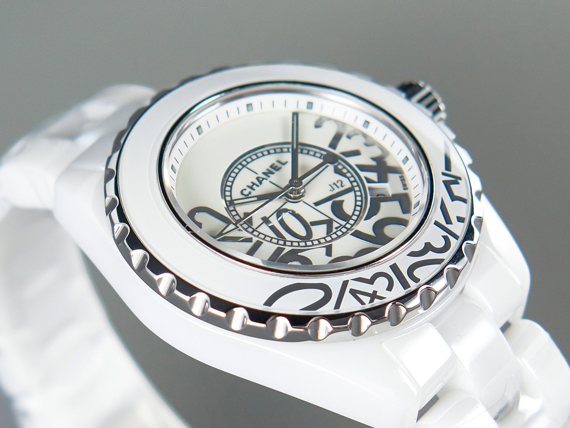 CHANEL J12 Date Quartz White Ceramic Stainless Graffiti Limited