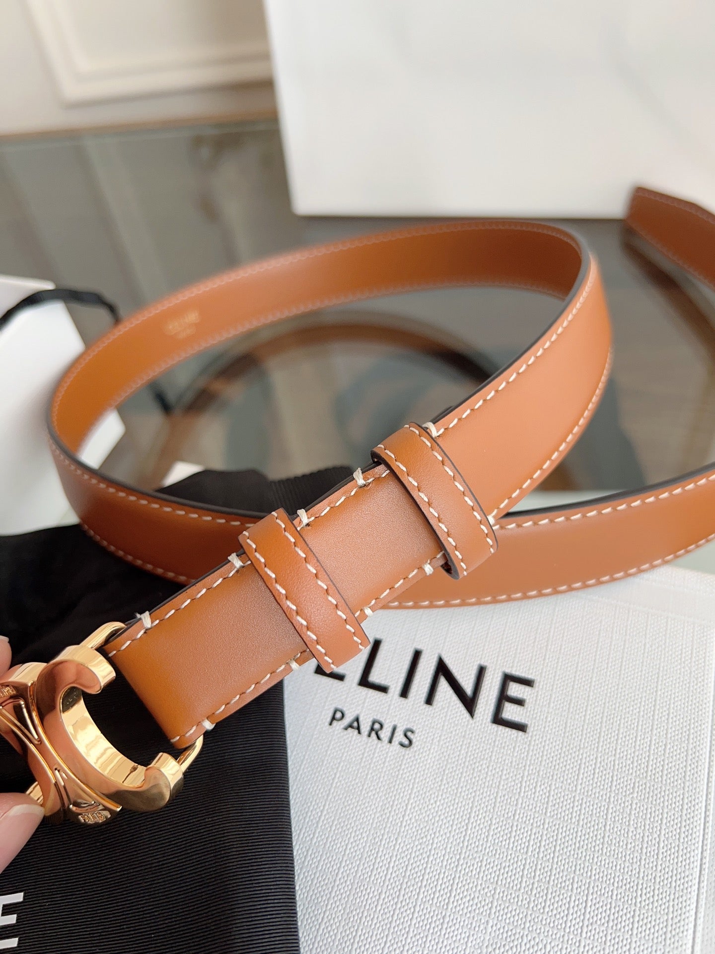 CELINE TRIOMPHE BELT 24MM IN BRONZE BROWN CALFSKIN WITH GOLD BUCKLE
