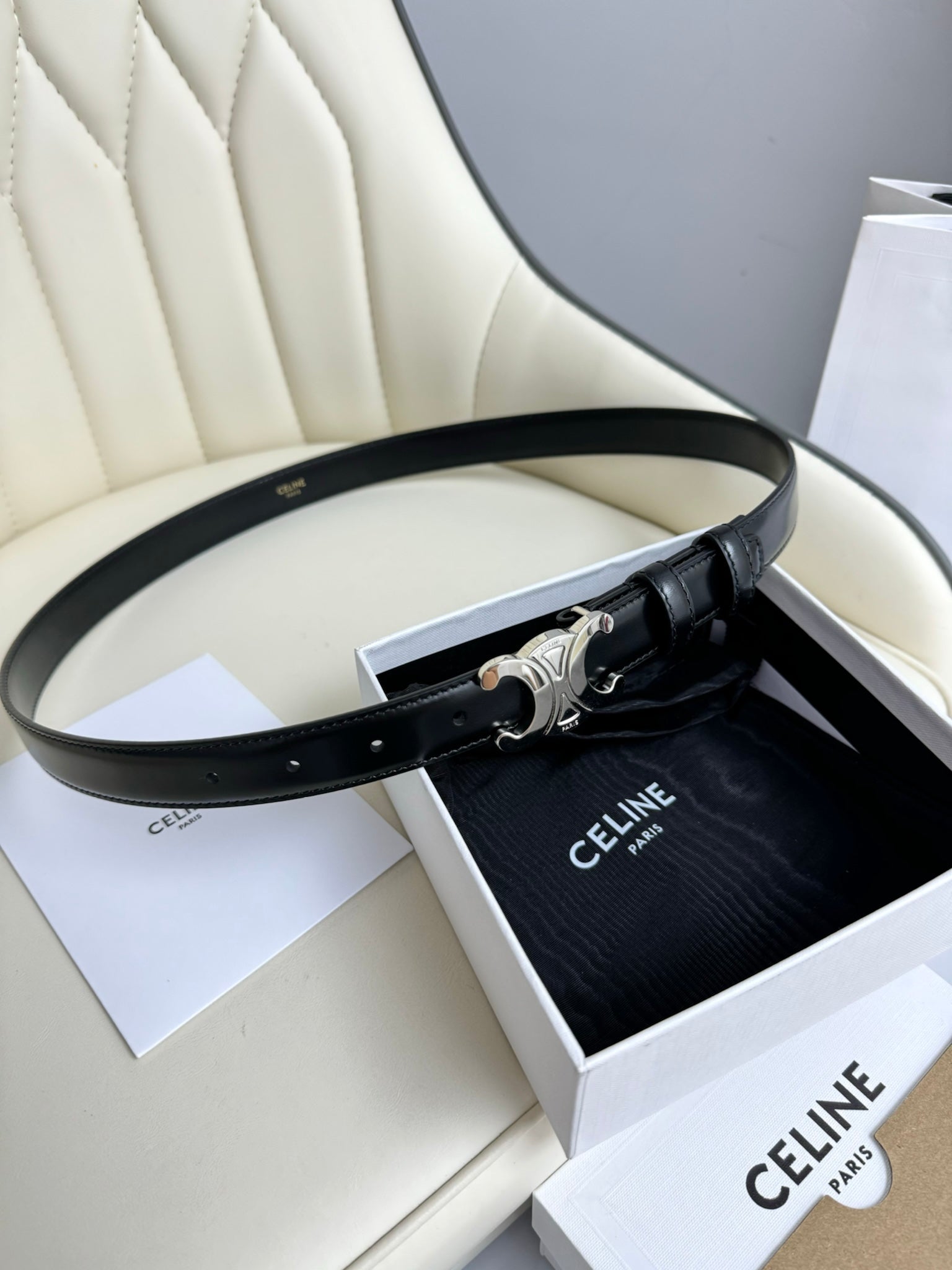 CELINE MEDIUM TRIOMPHE BELT 25MM BLACK LEATHER SILVER HARDWARE