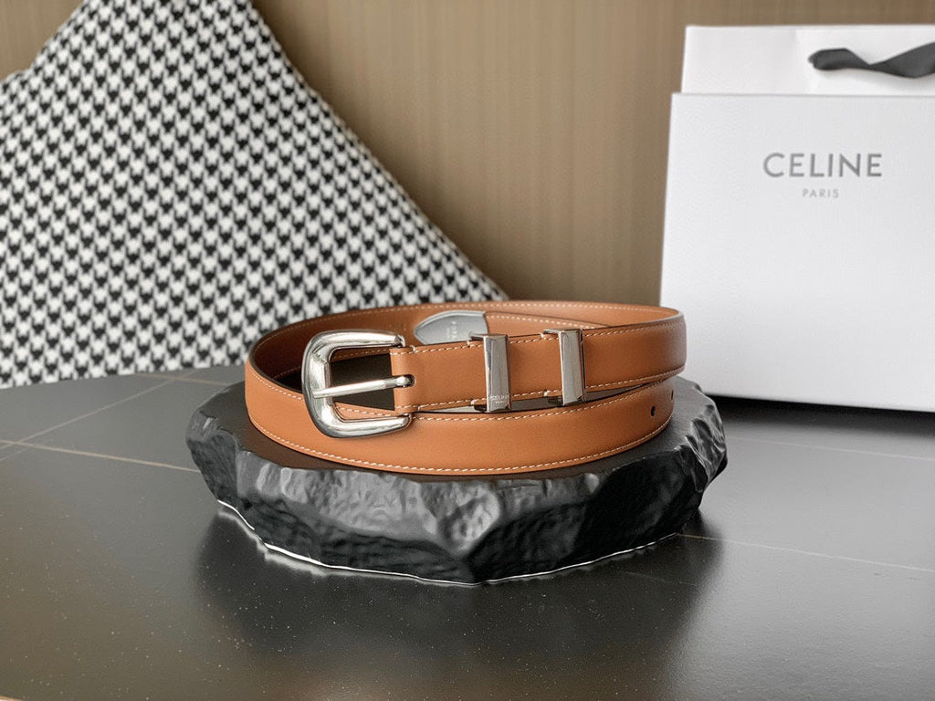CELINE BELT 25MM MEDIUM WESTERN IN BROWN CALFSKIN SILVER BUCKLE