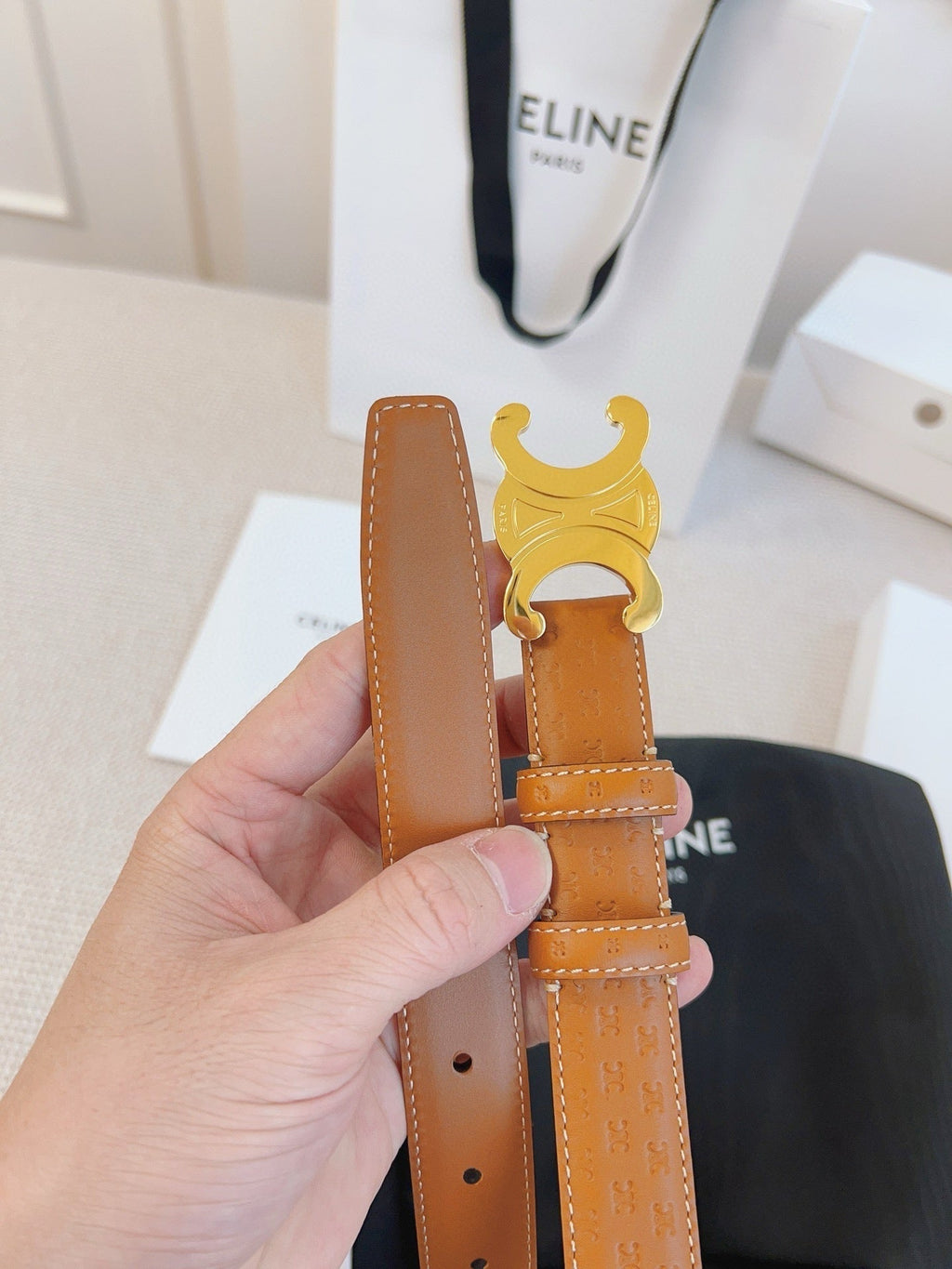 CELINE 25S BELT TRIOMPHE 25MM IN LIGHT BROWN CALFSKIN DEBOSSED LOGO 563331