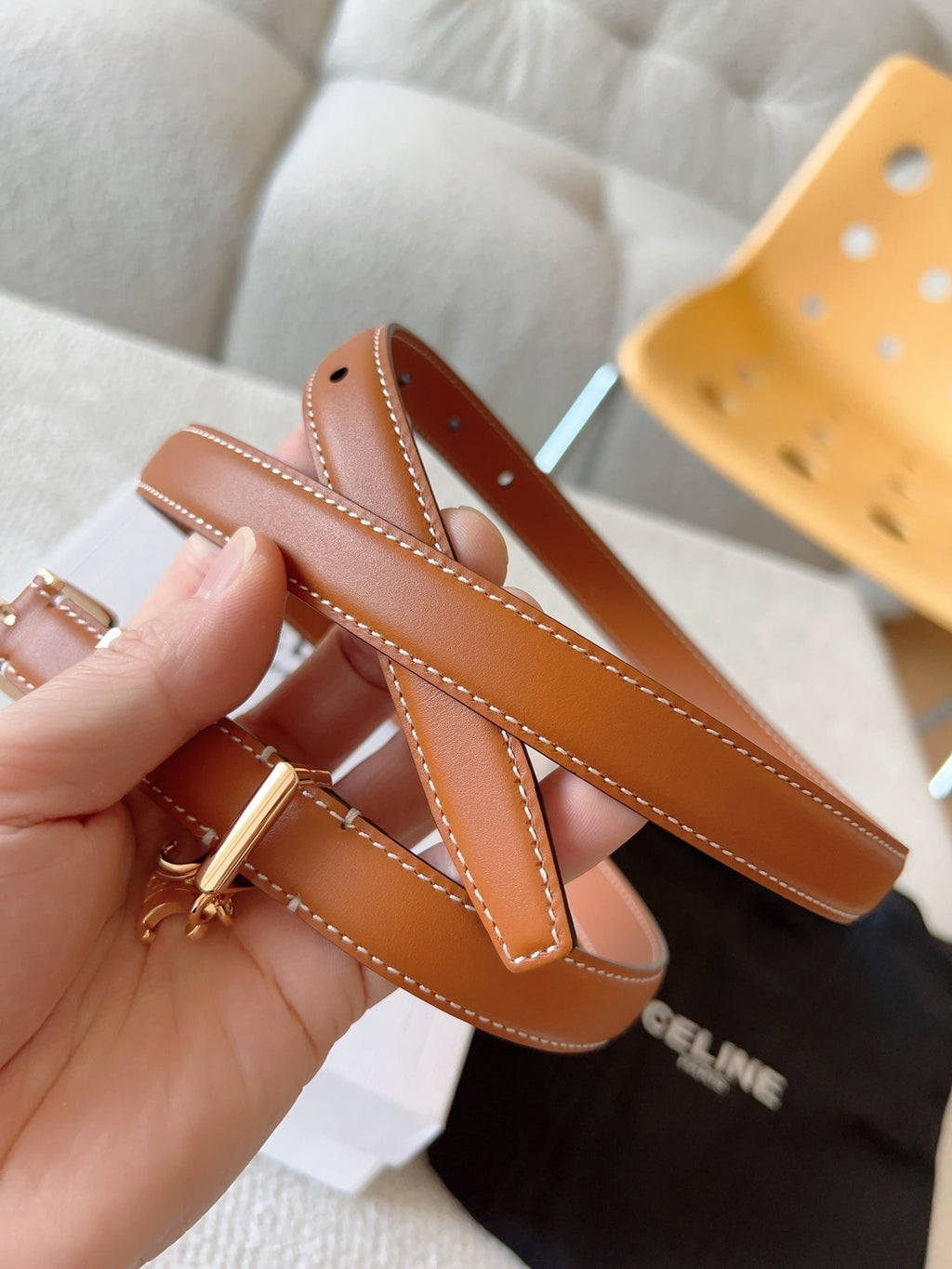 CELINE CL BELT 18MM IN BROWN TAURILLON CALFSKIN GOLD BUCKLE