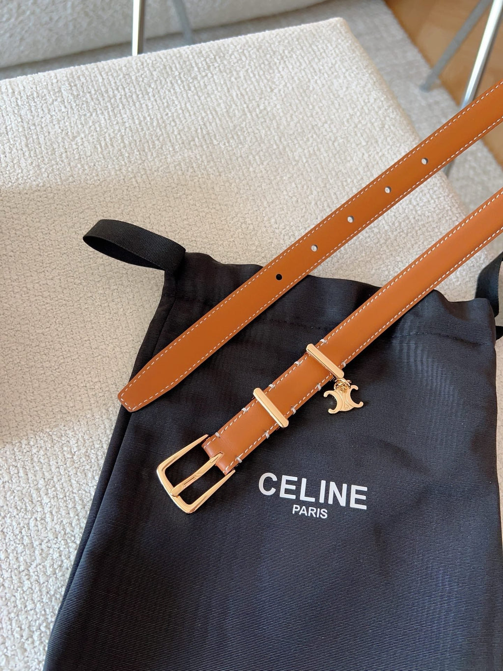 CELINE 25S BELT 18MM IN CARAMEL ELEGANT CHARM TAURILLON GOLD HARDWARE 585791